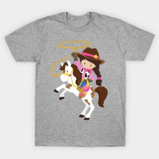 Cowgirl, Sheriff, Horse, Lasso, Brown Hair T-Shirt